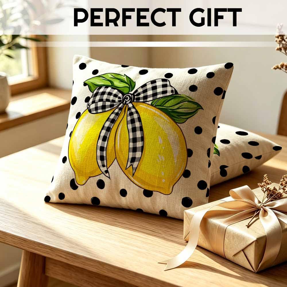 Bow Lemon Cotton Linen Throw Pillow Covers Citrus Fresh Cotton Linen Accent Cases for Bedroom 16x16 Inch Yellow