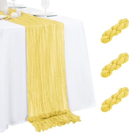 3 Pack Light Yellow Table Runner 17x108 Inch Cheesecloth Table Runner Boho Gauze Table Runners Romantic Rustic Fabric Cheese Cloth Table Runners for Wedding Party Baby Shower Birthday Home Decor