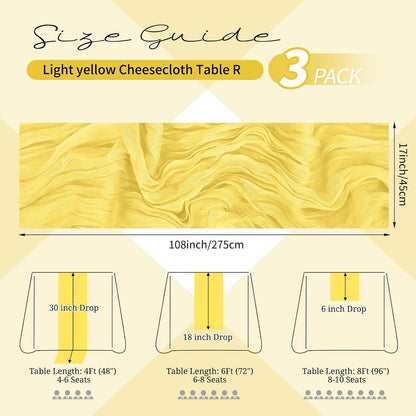 3 Pack Light Yellow Table Runner 17x108 Inch Cheesecloth Table Runner Boho Gauze Table Runners Romantic Rustic Fabric Cheese Cloth Table Runners for Wedding Party Baby Shower Birthday Home Decor
