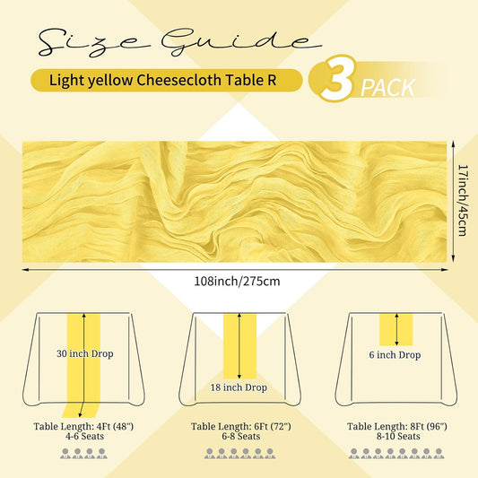 3 Pack Light Yellow Table Runner 17x108 Inch Cheesecloth Table Runner Boho Gauze Table Runners Romantic Rustic Fabric Cheese Cloth Table Runners for Wedding Party Baby Shower Birthday Home Decor
