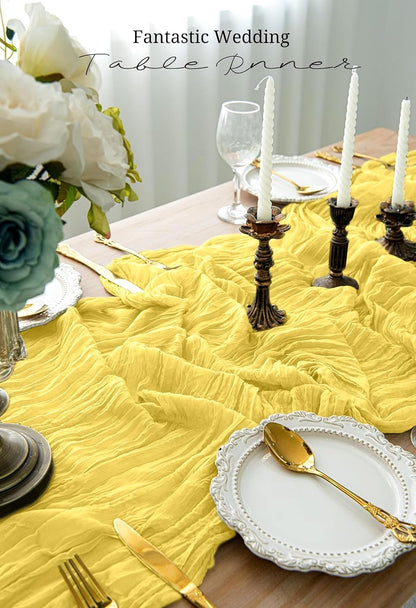 3 Pack Light Yellow Table Runner 17x108 Inch Cheesecloth Table Runner Boho Gauze Table Runners Romantic Rustic Fabric Cheese Cloth Table Runners for Wedding Party Baby Shower Birthday Home Decor