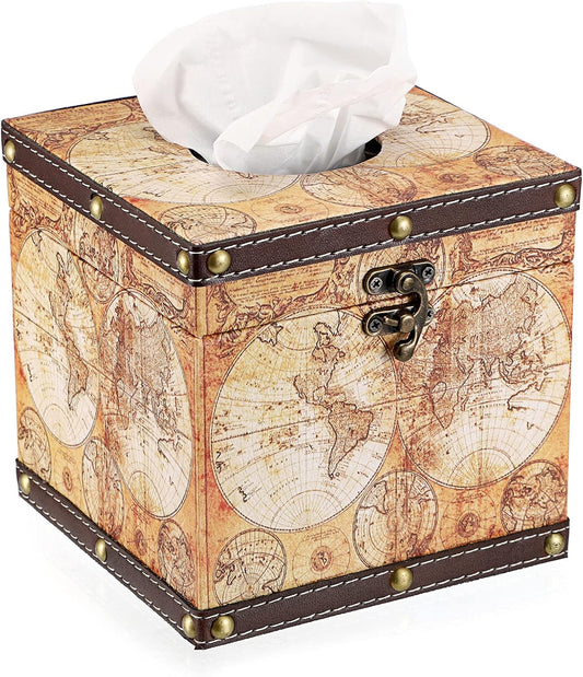 Retro Wood Square Tissue Box Cover - Vintage Cube Tissue Box Holder, Decorative Facial Tissue Holder for Bedroom Bathroom Dresser Night Stand Table Car Store Office Home Decor, Yellow