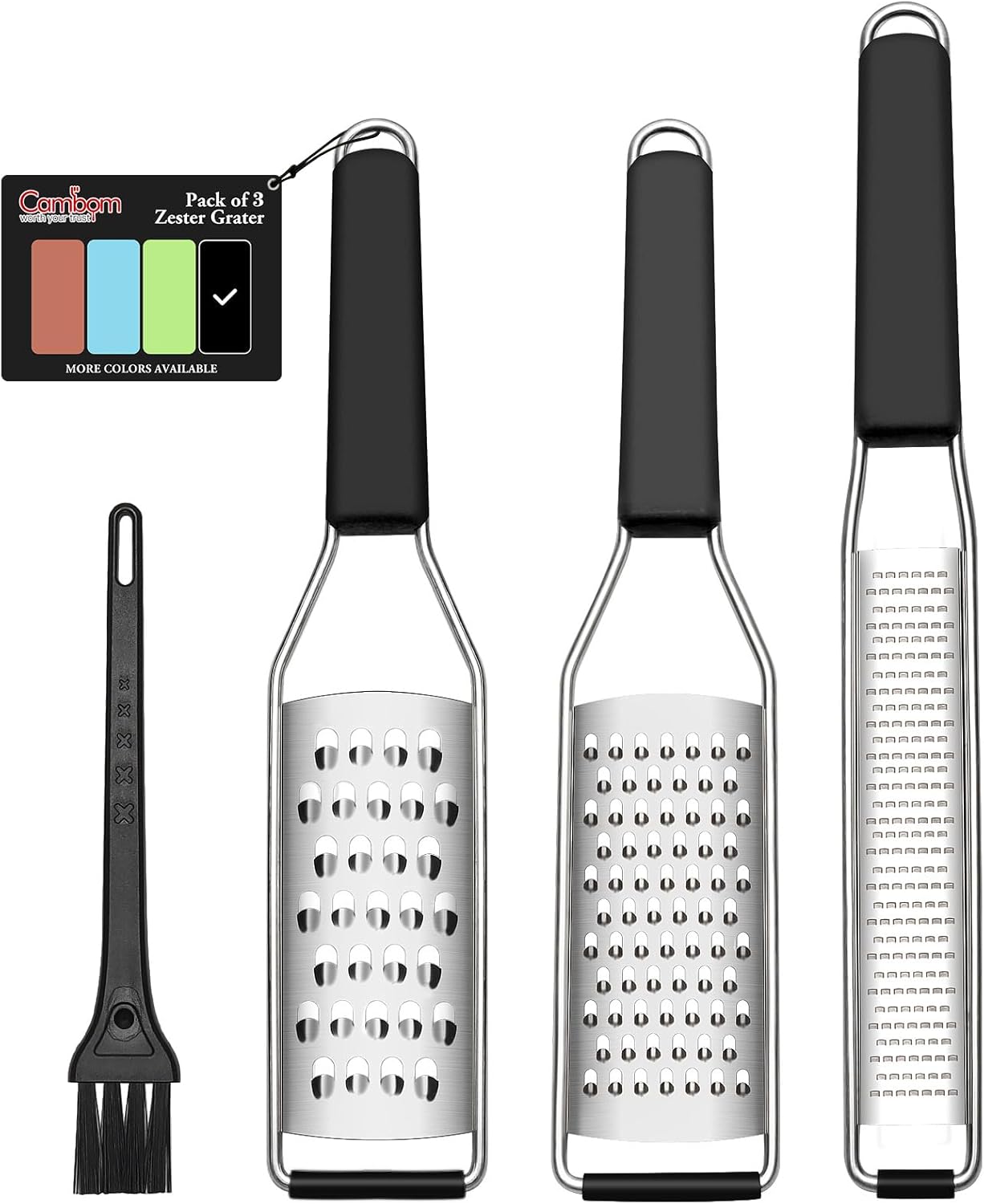 Lemon Zester Grater Three-piece Suit - Heavy Duty Kitchen Tool for Parmesan Cheese, Ginger, Garlic, Nutmeg, Chocolate, Vegetables，Fruits，Stainless Steel Grater Dishwasher Safe Black