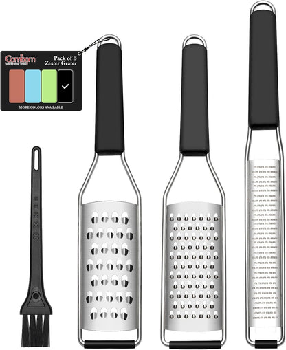 Lemon Zester Grater Three-piece Suit - Heavy Duty Kitchen Tool for Parmesan Cheese, Ginger, Garlic, Nutmeg, Chocolate, Vegetables，Fruits，Stainless Steel Grater Dishwasher Safe Black