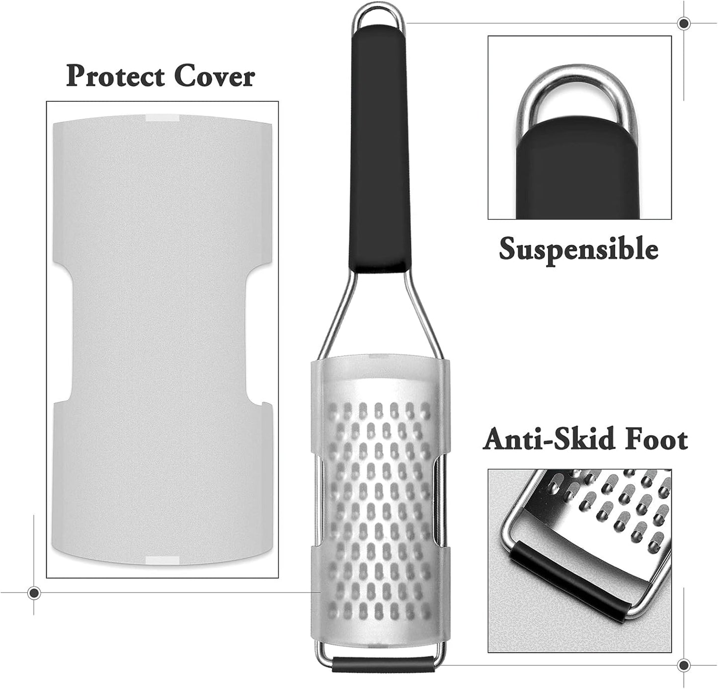 Lemon Zester Grater Three-piece Suit - Heavy Duty Kitchen Tool for Parmesan Cheese, Ginger, Garlic, Nutmeg, Chocolate, Vegetables，Fruits，Stainless Steel Grater Dishwasher Safe Black