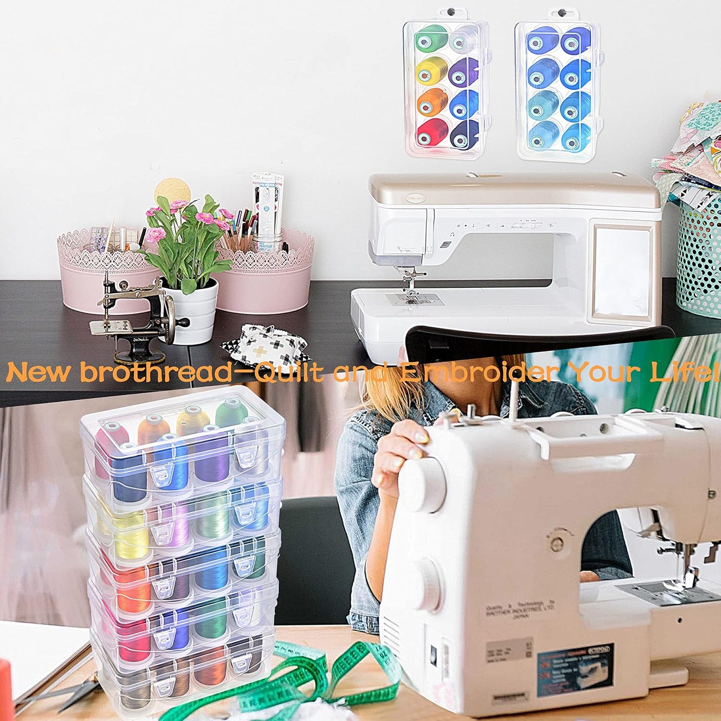 8 Spools Embroidery Machine Thread with Box -Different Yellow | 100% Polyester, Snap Spools to Lock Thread Tails, 1000M (1100Y) Each Spool, Used for for Embroidery & Quilting