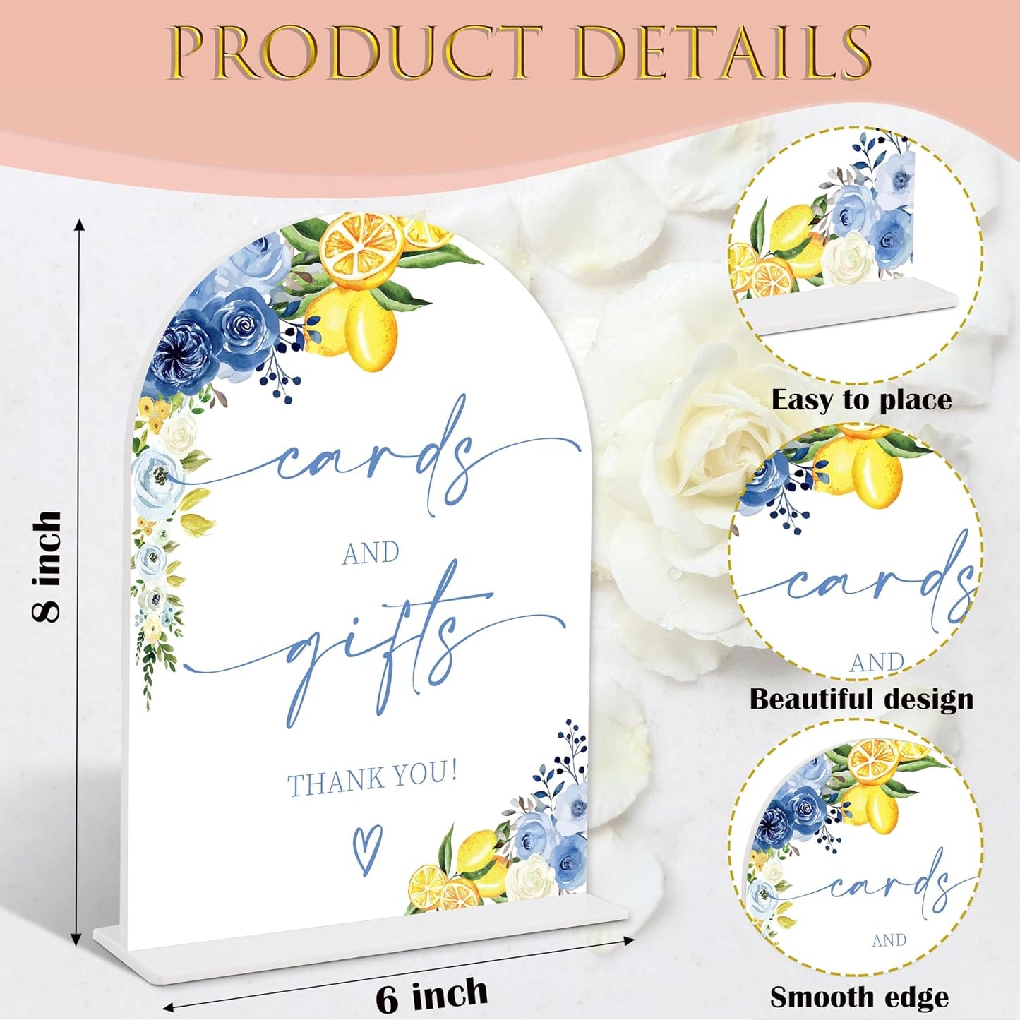 Blue Floral Lemon Cards and Gifts Sign, Something Blue Wedding Signage for Reception, Arch Acrylic Sign, Bridal Shower Table Decor, Engagement Party Decorations, Wedding Must Haves for Reception, 40