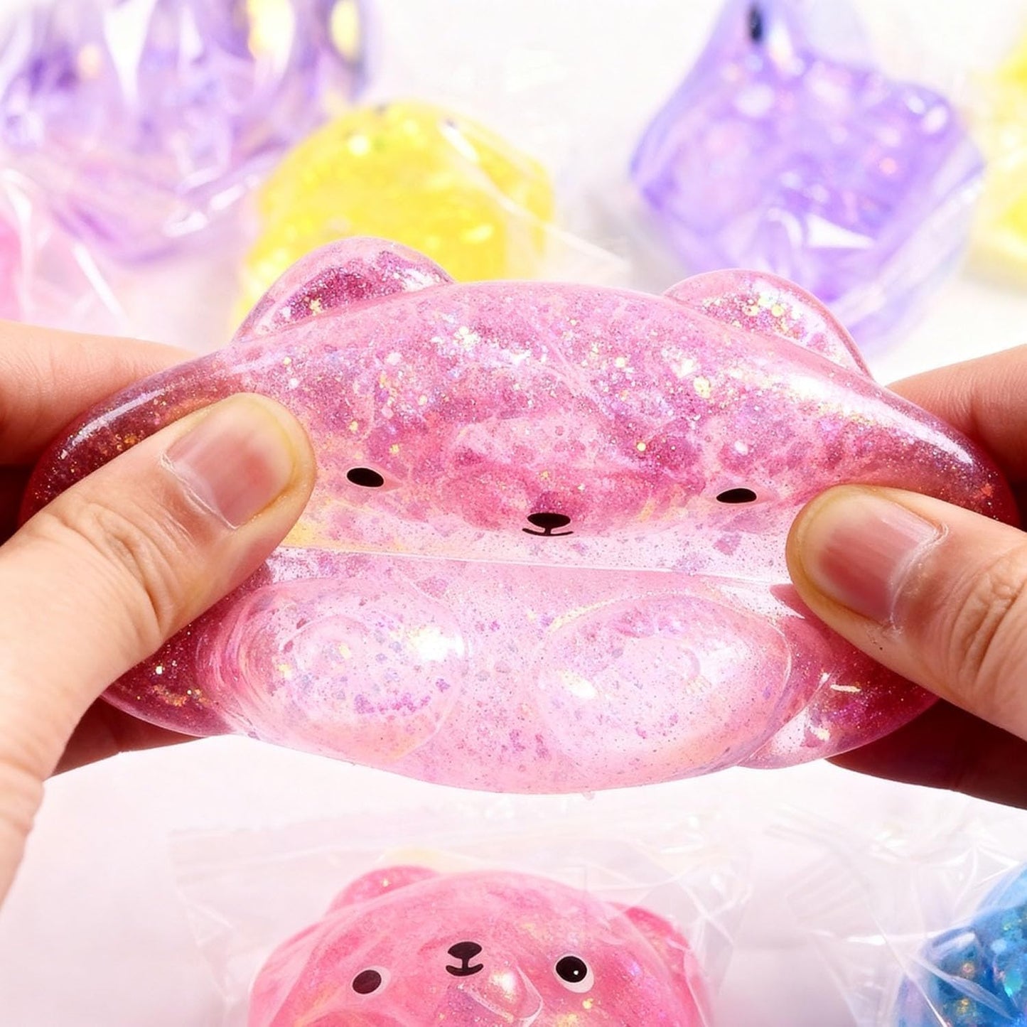 1 Pack Bear Squishy, Slow Rising Stress Relief Fidget Toys for Adults, Pink | Glitter Bear-Shaped Sensory Squeeze Toys, Calm Anxiety, Portable, Safe TPR Material, Soft Hand Toy for Office, Home or Travel