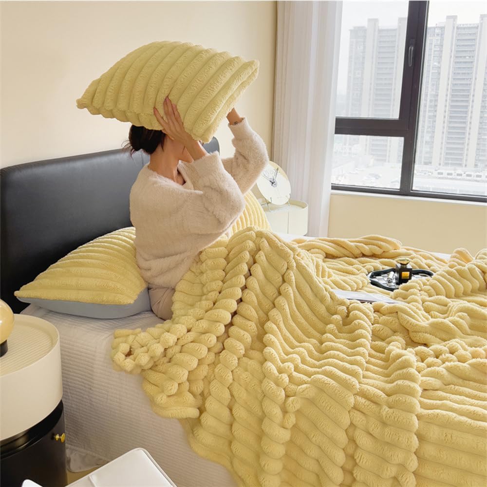 Decorative Soft Thick Fuzzy Faux Rabbit Fur Throw Blanket for Couch Sofa, Reversible Plush Warm Fleece Fluffy Blanket for Winter, Luxury Cute Cozy Furry Blanket for Bed,Yellow,100 * 150cm 0.6Kg