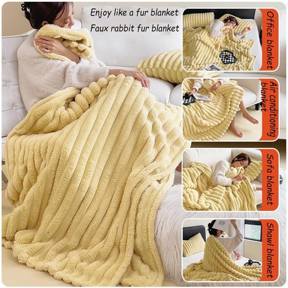 Decorative Soft Thick Fuzzy Faux Rabbit Fur Throw Blanket for Couch Sofa, Reversible Plush Warm Fleece Fluffy Blanket for Winter, Luxury Cute Cozy Furry Blanket for Bed,Yellow,100 * 150cm 0.6Kg