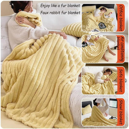 Decorative Soft Thick Fuzzy Faux Rabbit Fur Throw Blanket for Couch Sofa, Reversible Plush Warm Fleece Fluffy Blanket for Winter, Luxury Cute Cozy Furry Blanket for Bed,Yellow,100 * 150cm 0.6Kg