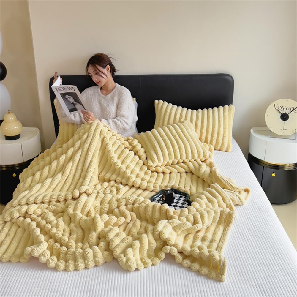 Decorative Soft Thick Fuzzy Faux Rabbit Fur Throw Blanket for Couch Sofa, Reversible Plush Warm Fleece Fluffy Blanket for Winter, Luxury Cute Cozy Furry Blanket for Bed,Yellow,100 * 150cm 0.6Kg