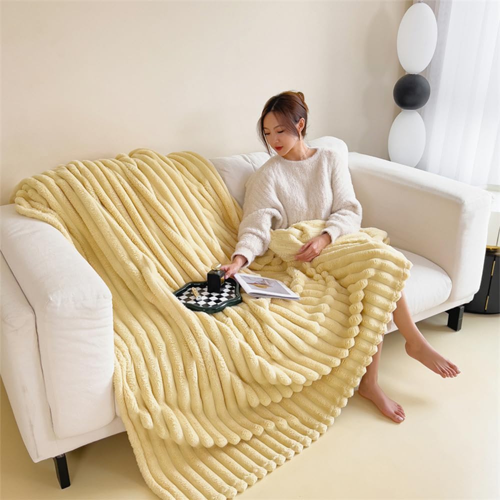 Decorative Soft Thick Fuzzy Faux Rabbit Fur Throw Blanket for Couch Sofa, Reversible Plush Warm Fleece Fluffy Blanket for Winter, Luxury Cute Cozy Furry Blanket for Bed,Yellow,100 * 150cm 0.6Kg