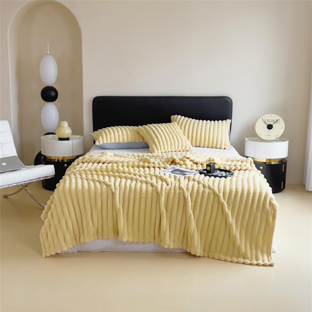 Decorative Soft Thick Fuzzy Faux Rabbit Fur Throw Blanket for Couch Sofa, Reversible Plush Warm Fleece Fluffy Blanket for Winter, Luxury Cute Cozy Furry Blanket for Bed,Yellow,100 * 150cm 0.6Kg
