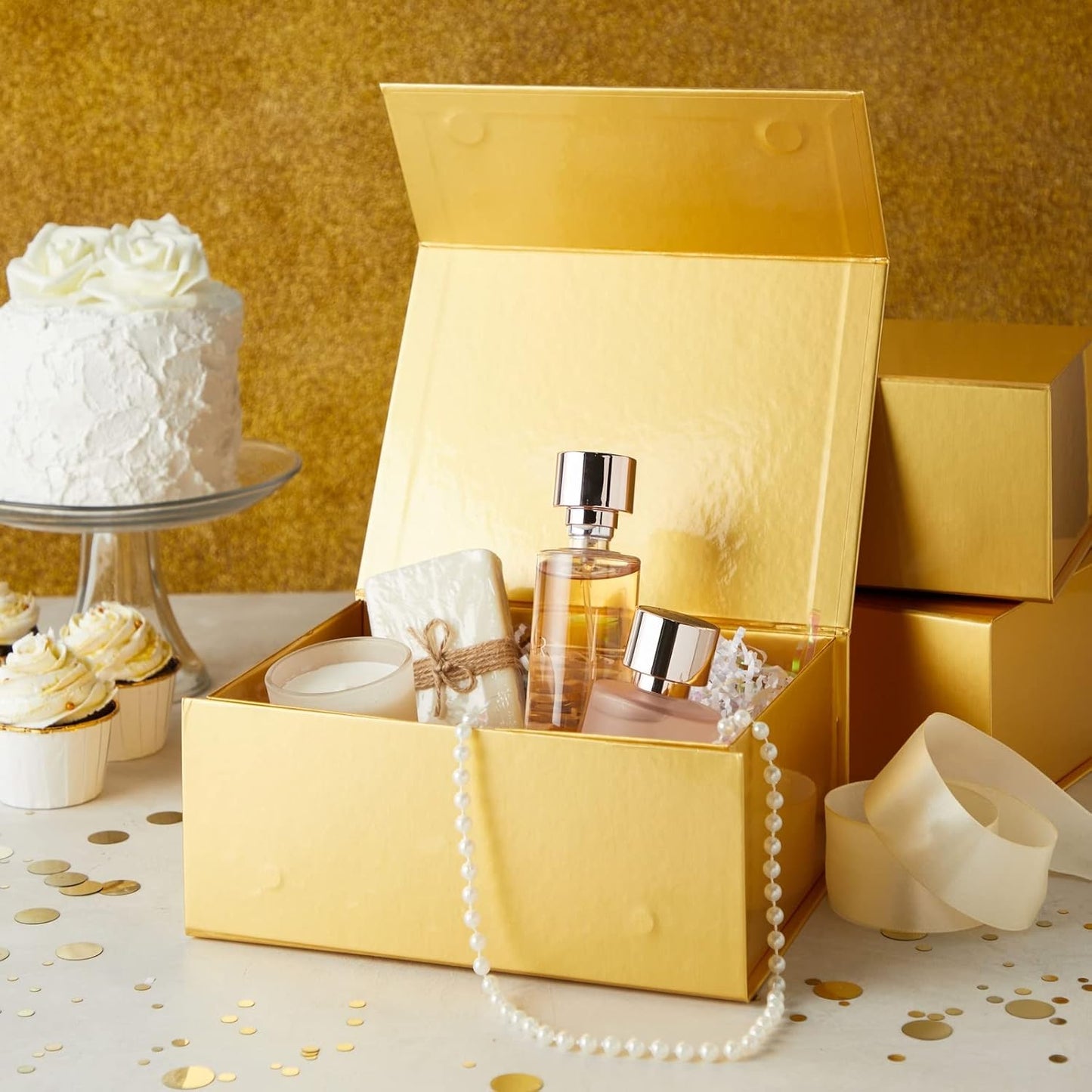 Magnetic Gold Gift Boxes with Lids - 9.5 x 7 x 4 In, Jewelry Gift Box 6 Pack, Gold - Magnetic Closure & Cardboard Construction