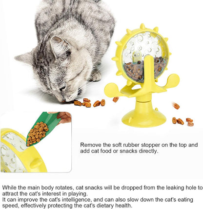 Cat Treat Dispenser Toy, Interactive Cat Feeder 360 Degree Rotating Windmill Leaking Food Toy for Indoor Cats with Suction Cup Cat Camera Treat Dispenser Cat Treat Dispenser Toy