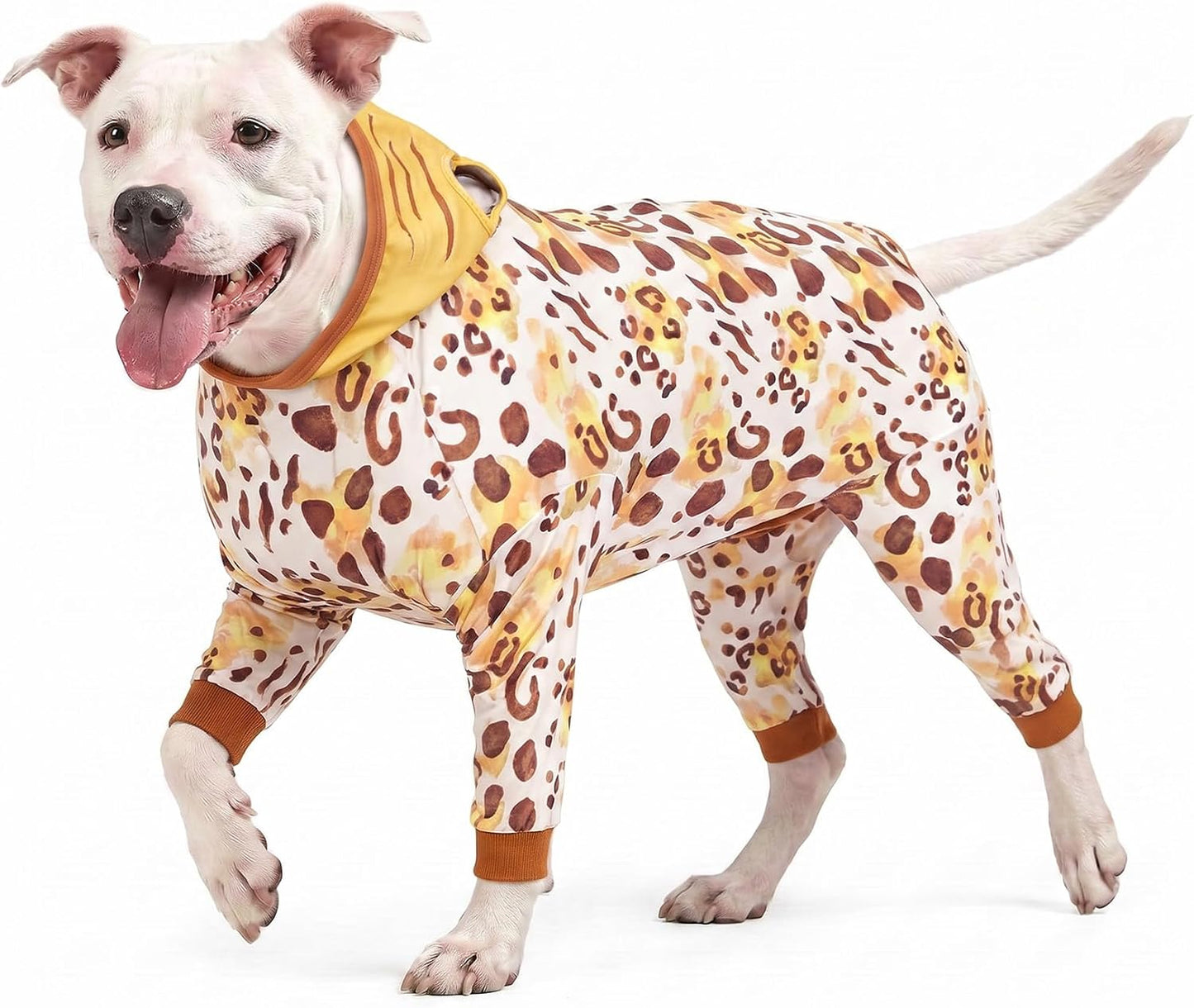 Dog Recovery Bodysuit, Wound Protective Post-Surgery Care for Large Medium Dogs, E-Collar Alternative Wrap, Tiger Pattern, Brown Collar/Yellow, M