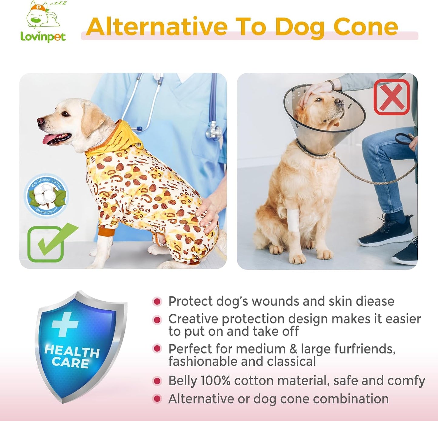 Dog Recovery Bodysuit, Wound Protective Post-Surgery Care for Large Medium Dogs, E-Collar Alternative Wrap, Tiger Pattern, Brown Collar/Yellow, M