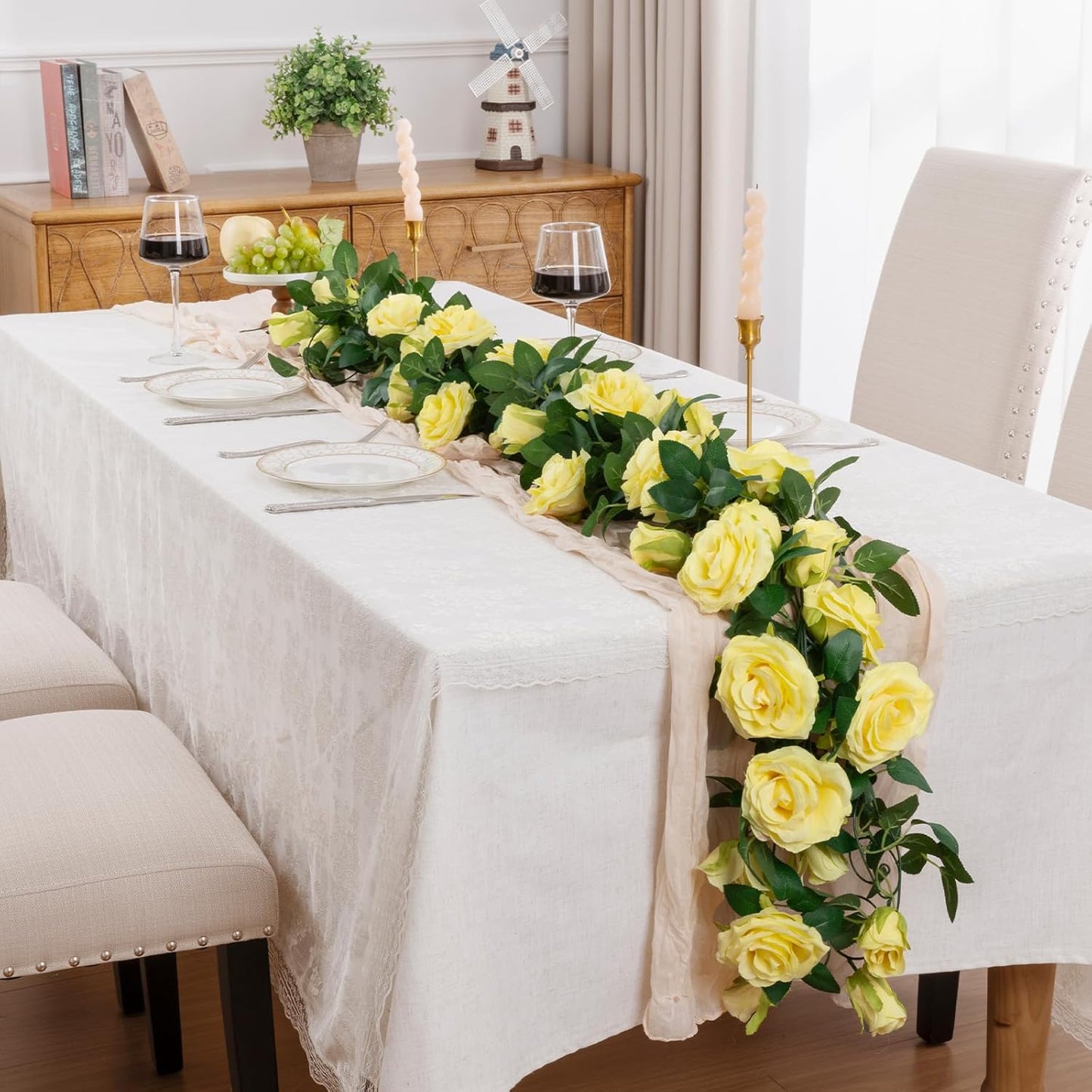 3 Pack Artificial Yellow Rose Garlands Flower Vines 19.5 ft | Fake Silk Roses Garland for Wedding Arch Table Centerpiece, Indoor Outdoor Backdrop Decorations for Home Garden