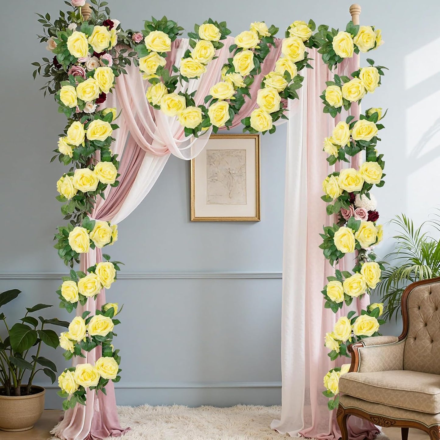 3 Pack Artificial Yellow Rose Garlands Flower Vines 19.5 ft | Fake Silk Roses Garland for Wedding Arch Table Centerpiece, Indoor Outdoor Backdrop Decorations for Home Garden