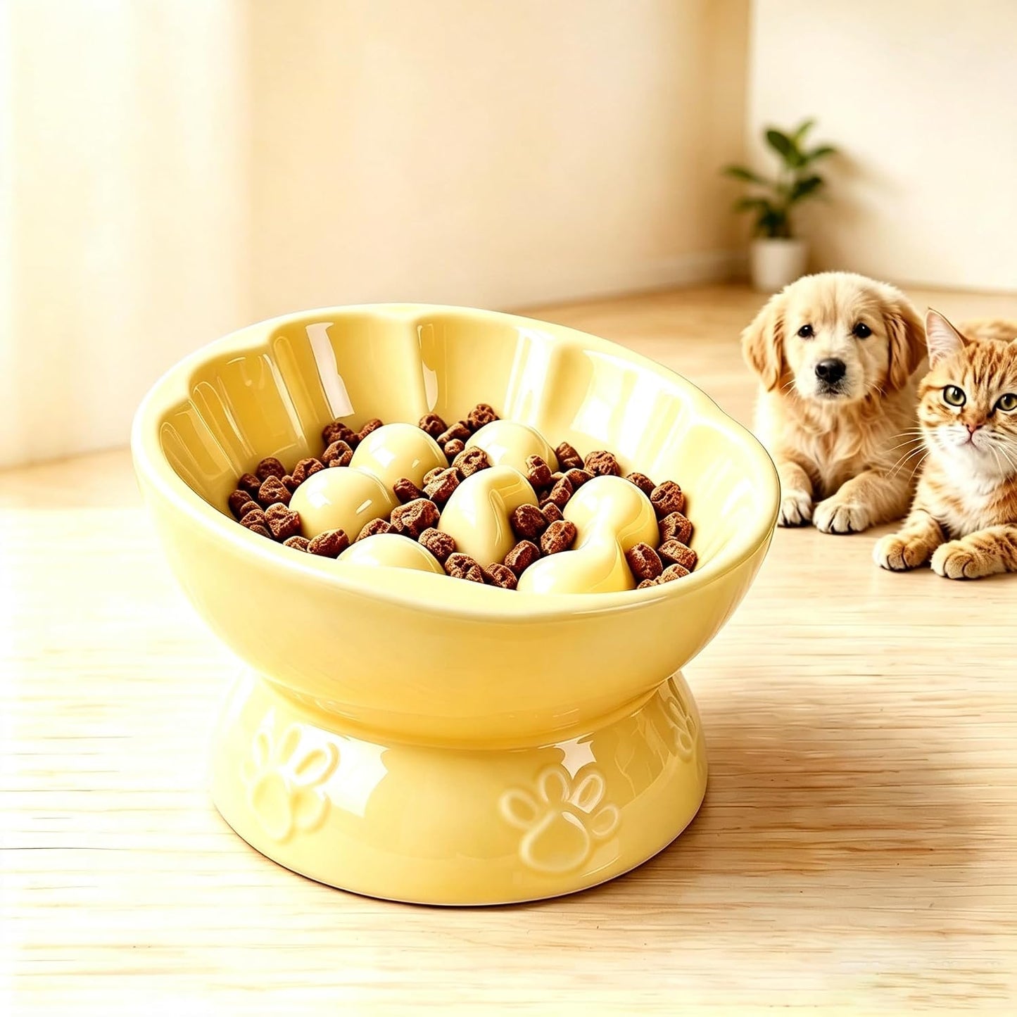Ceramic Slow Feeder Cat Bowl, Elevated Tilted Design, Yellow | Anti-Vomit & Whisker Friendly, Wide Shallow Puzzle Plate, Non Slip Weighted Base, Dishwasher Safe, 10 oz