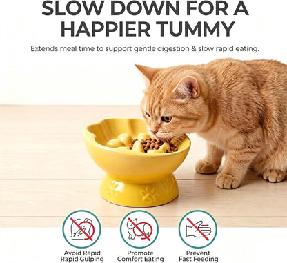 Ceramic Slow Feeder Cat Bowl, Elevated Tilted Design, Yellow | Anti-Vomit & Whisker Friendly, Wide Shallow Puzzle Plate, Non Slip Weighted Base, Dishwasher Safe, 10 oz