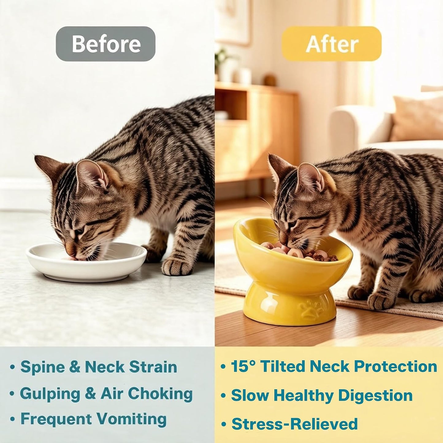 Ceramic Slow Feeder Cat Bowl, Elevated Tilted Design, Yellow | Anti-Vomit & Whisker Friendly, Wide Shallow Puzzle Plate, Non Slip Weighted Base, Dishwasher Safe, 10 oz