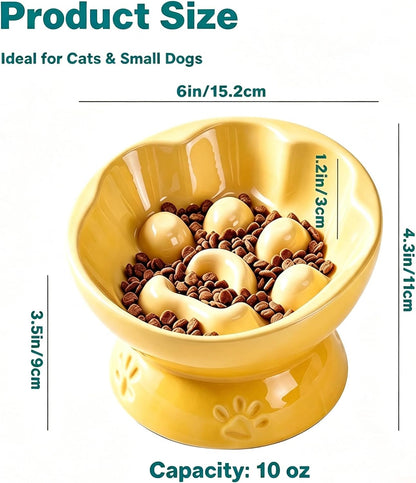 Ceramic Slow Feeder Cat Bowl, Elevated Tilted Design, Yellow | Anti-Vomit & Whisker Friendly, Wide Shallow Puzzle Plate, Non Slip Weighted Base, Dishwasher Safe, 10 oz