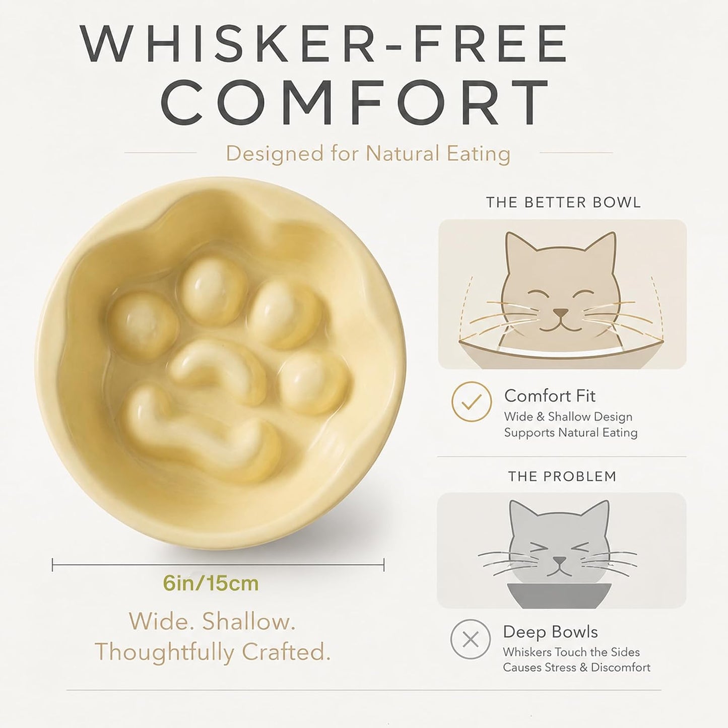 Ceramic Slow Feeder Cat Bowl, Elevated Tilted Design, Yellow | Anti-Vomit & Whisker Friendly, Wide Shallow Puzzle Plate, Non Slip Weighted Base, Dishwasher Safe, 10 oz