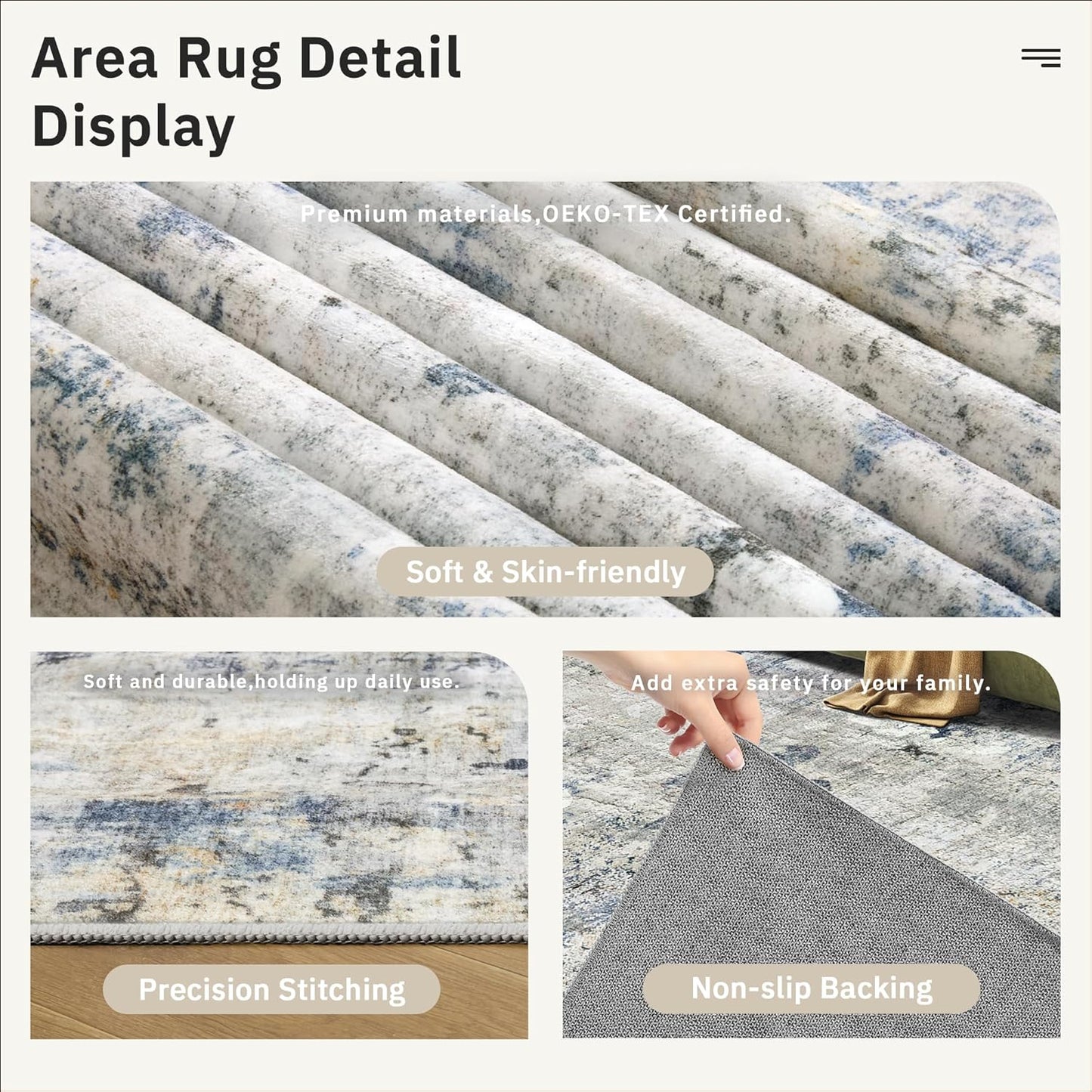 Abstract Rug 8x10 Large Living Room Rugs Neutral Modern Washable Area Rugs for Bedroom Dining Room Non-Slip Stain Resistant Foldable Thin Rug Blue Yellow