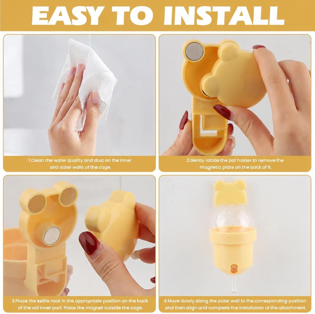 Magnetic Hamster Water Bottle, 3.7 oz Glass Small Pet Water Dispenser with Quiet Vacuum Nozzle, Drop-Resistant Holder for Cage or Glass Tank, for Hamsters, Gerbils and Mice(Yellow)