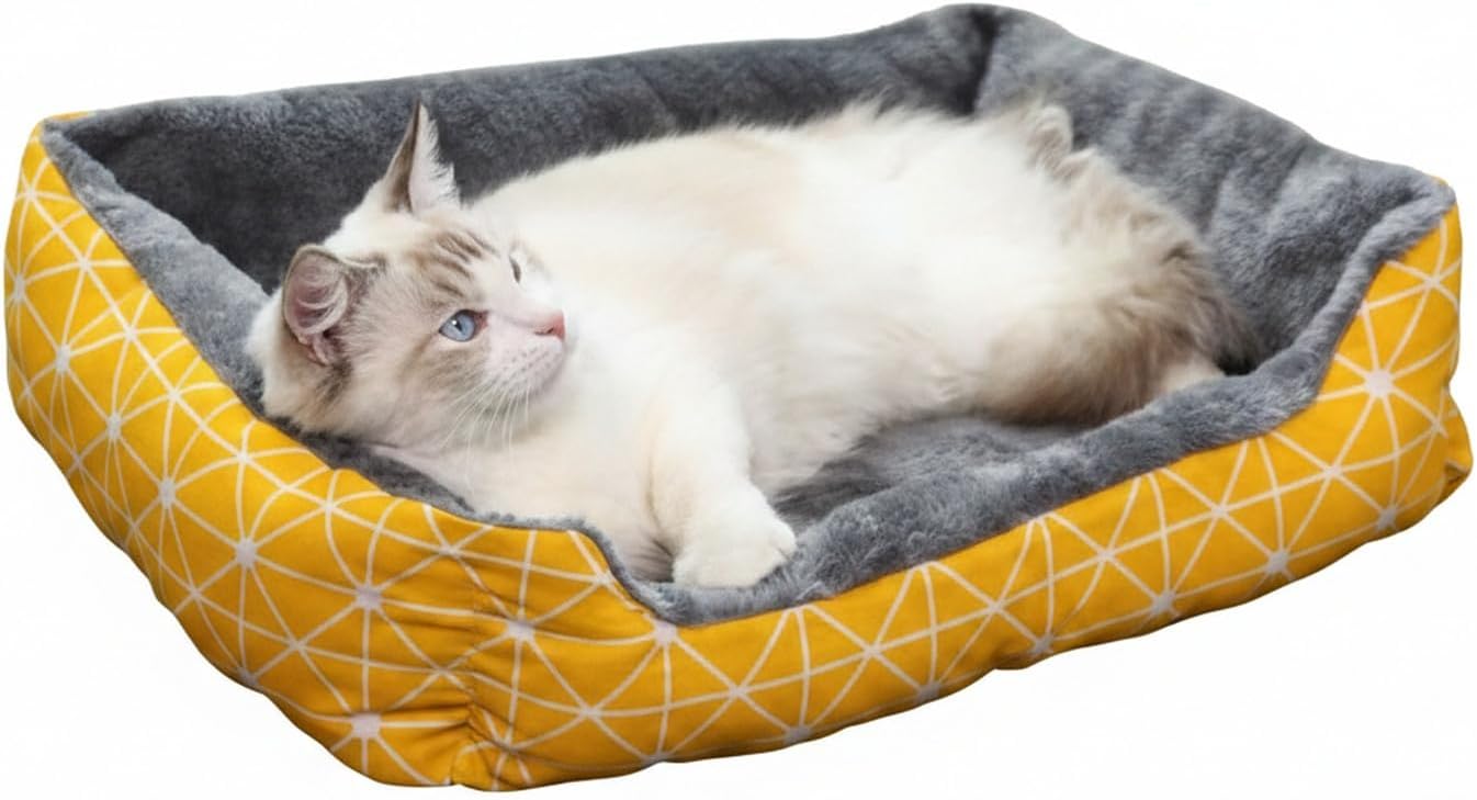 Compact Cushioned Pet Mat with Attached Pillow, Soft Polyester Bedding for Small Dogs and Cats, Yellow Checkered Design, 15.7 x 11.8 x 4.7 Inches