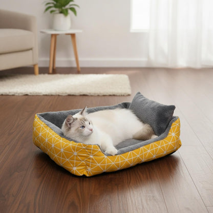 Compact Cushioned Pet Mat with Attached Pillow, Soft Polyester Bedding for Small Dogs and Cats, Yellow Checkered Design, 15.7 x 11.8 x 4.7 Inches