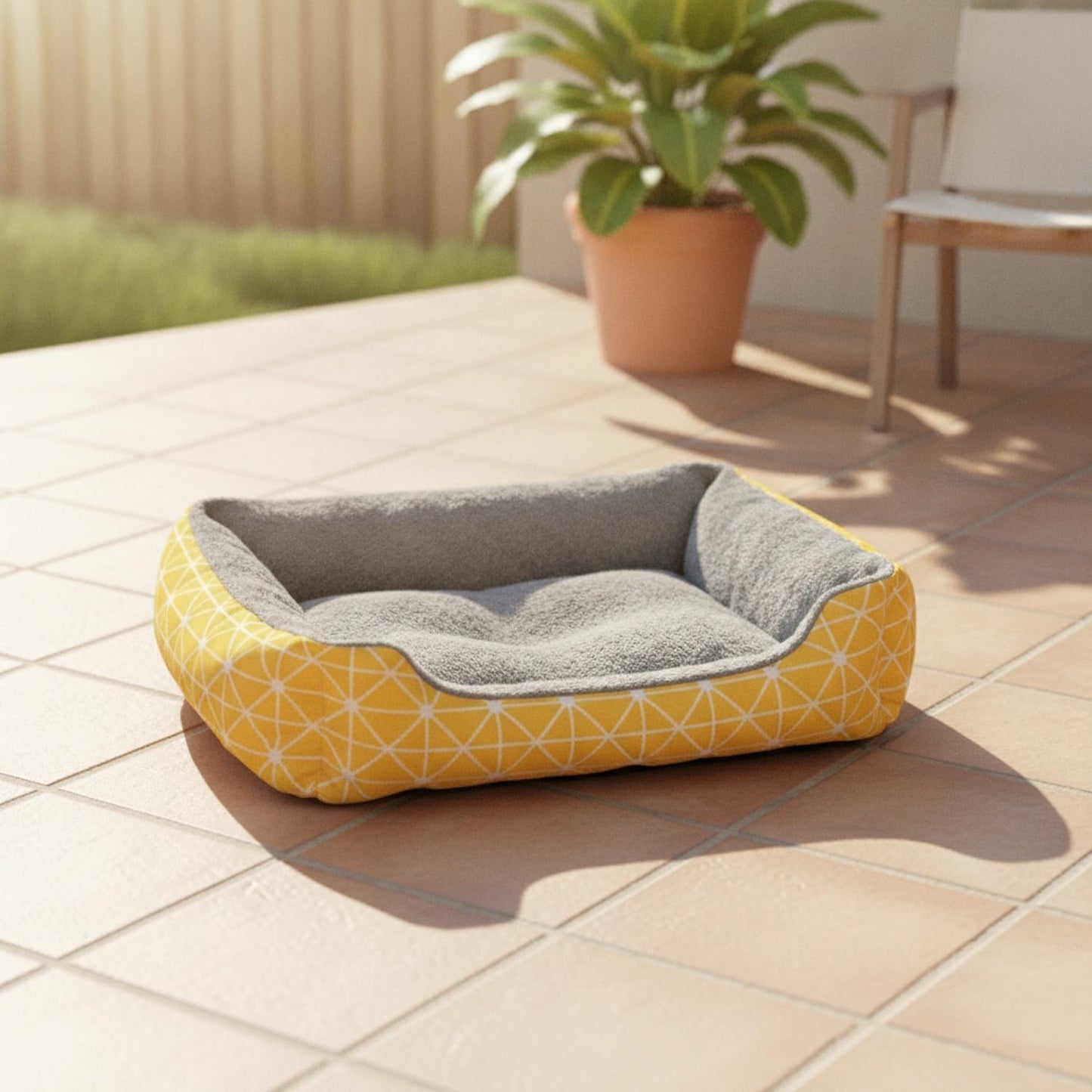 Compact Cushioned Pet Mat with Attached Pillow, Soft Polyester Bedding for Small Dogs and Cats, Yellow Checkered Design, 15.7 x 11.8 x 4.7 Inches