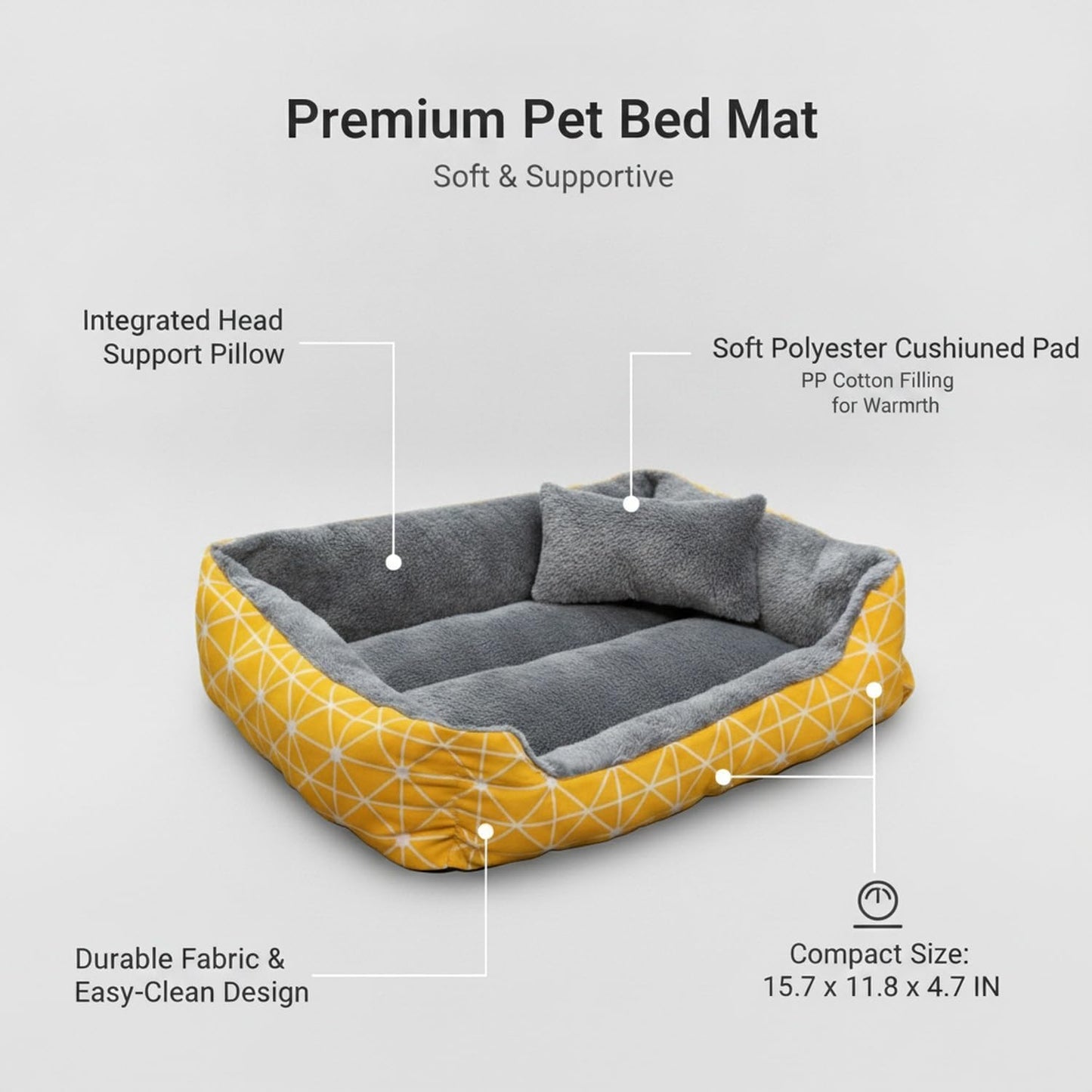 Compact Cushioned Pet Mat with Attached Pillow, Soft Polyester Bedding for Small Dogs and Cats, Yellow Checkered Design, 15.7 x 11.8 x 4.7 Inches