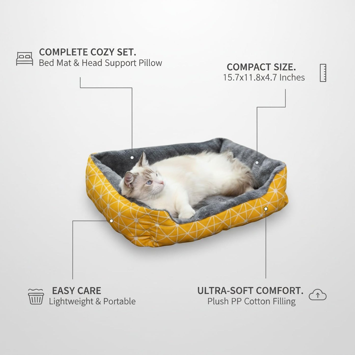 Compact Cushioned Pet Mat with Attached Pillow, Soft Polyester Bedding for Small Dogs and Cats, Yellow Checkered Design, 15.7 x 11.8 x 4.7 Inches