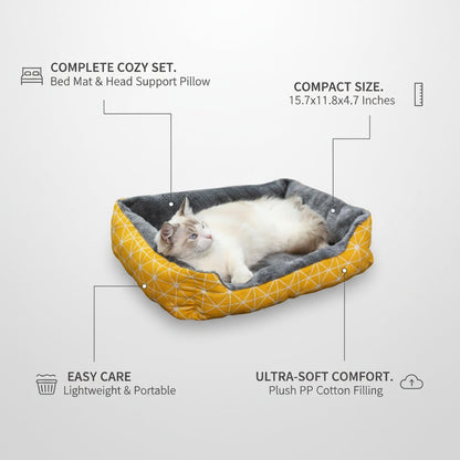 Compact Cushioned Pet Mat with Attached Pillow, Soft Polyester Bedding for Small Dogs and Cats, Yellow Checkered Design, 15.7 x 11.8 x 4.7 Inches