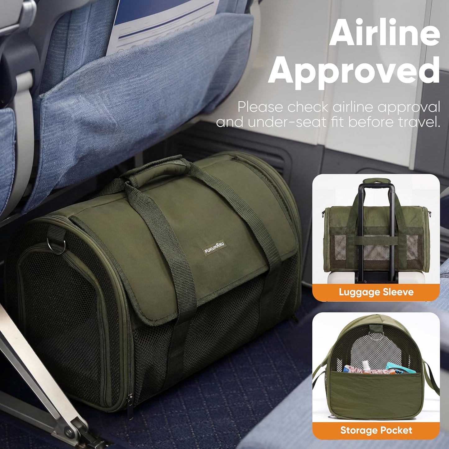 Cat Carrier Soft, Ultra Lightweight Airline Approved Dog Carrier | Kitten Carrier with Anti-Scratch Mesh, Breathable Small Dog Carrier Bag, Collapsible Pet Carrier for Cats Under 15 lb, Green