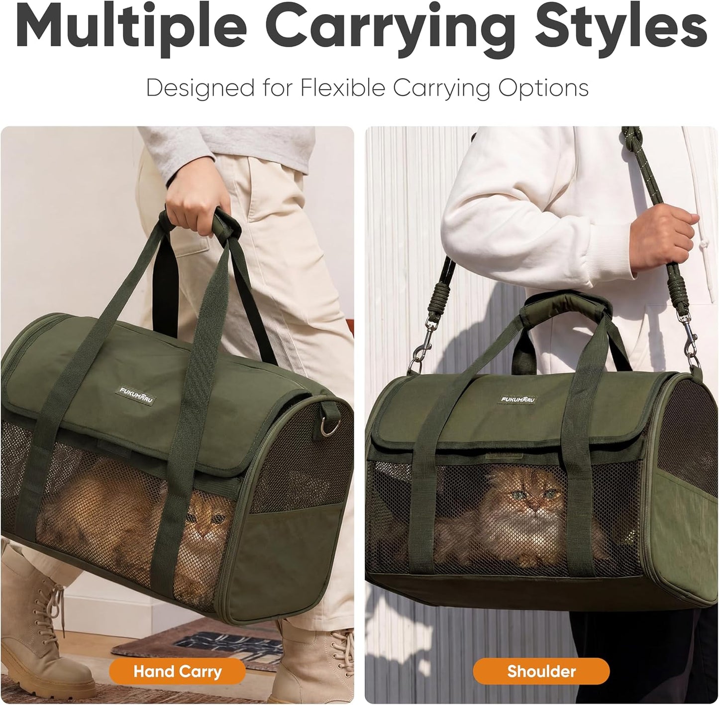 Cat Carrier Soft, Ultra Lightweight Airline Approved Dog Carrier | Kitten Carrier with Anti-Scratch Mesh, Breathable Small Dog Carrier Bag, Collapsible Pet Carrier for Cats Under 15 lb, Green