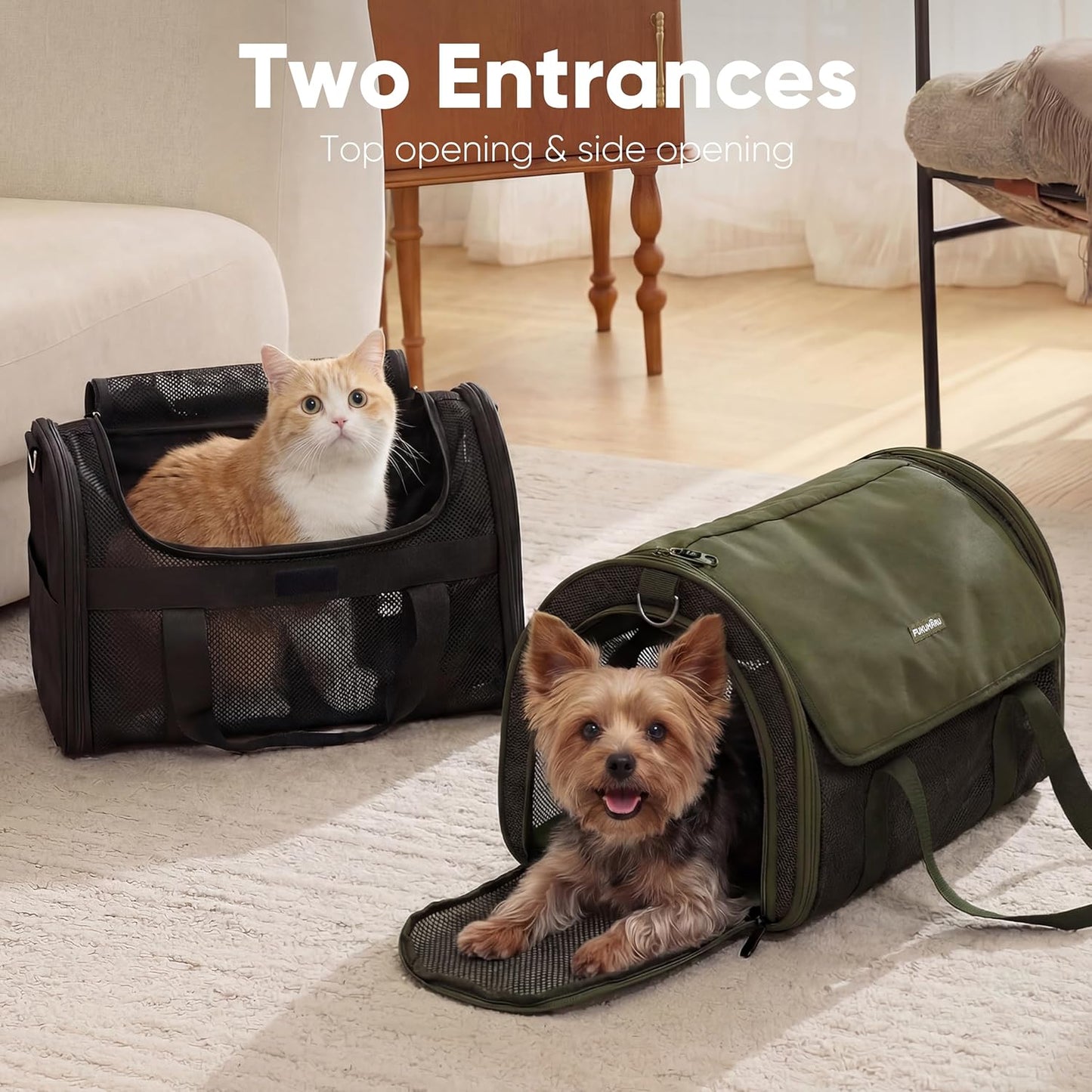 Cat Carrier Soft, Ultra Lightweight Airline Approved Dog Carrier | Kitten Carrier with Anti-Scratch Mesh, Breathable Small Dog Carrier Bag, Collapsible Pet Carrier for Cats Under 15 lb, Green