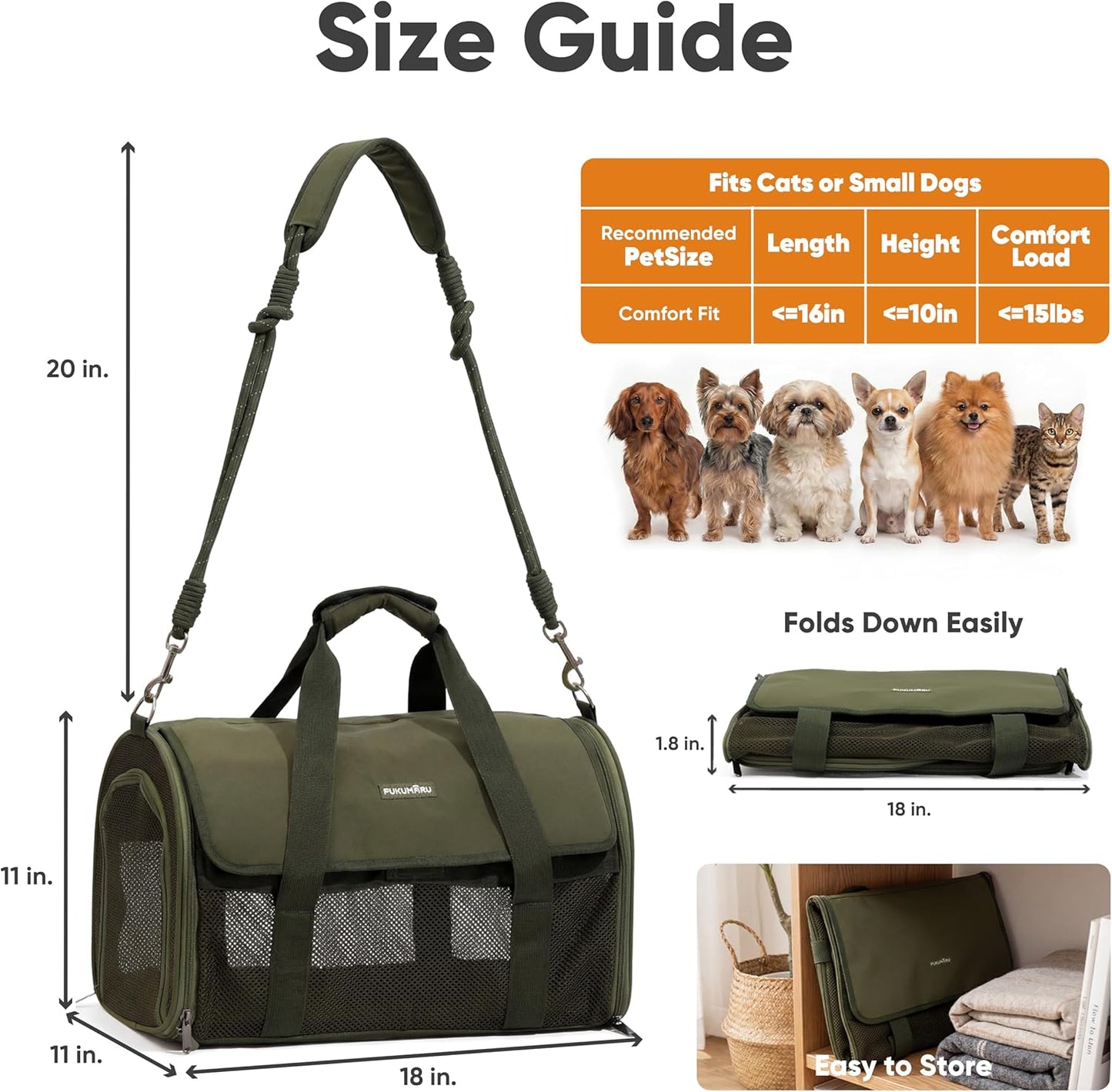 Cat Carrier Soft, Ultra Lightweight Airline Approved Dog Carrier | Kitten Carrier with Anti-Scratch Mesh, Breathable Small Dog Carrier Bag, Collapsible Pet Carrier for Cats Under 15 lb, Green