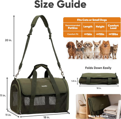 Cat Carrier Soft, Ultra Lightweight Airline Approved Dog Carrier | Kitten Carrier with Anti-Scratch Mesh, Breathable Small Dog Carrier Bag, Collapsible Pet Carrier for Cats Under 15 lb, Green