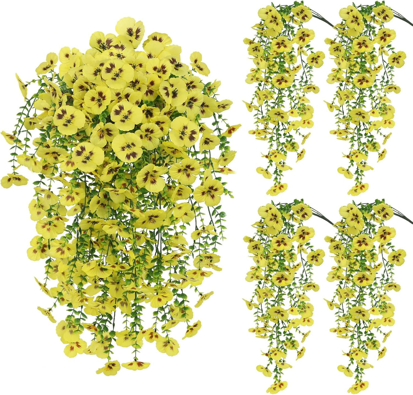 Yellow Artificial Hanging Flowers for Outdoors, 4 PCS 29.5in UV Resistant Faux Outdoor Hanging Plants Pansy Flowers Fake Cascading Floral Vines for Porch Patio Balcony Pergola