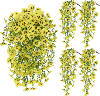 Yellow Artificial Hanging Flowers for Outdoors, 4 PCS 29.5in UV Resistant Faux Outdoor Hanging Plants Pansy Flowers Fake Cascading Floral Vines for Porch Patio Balcony Pergola
