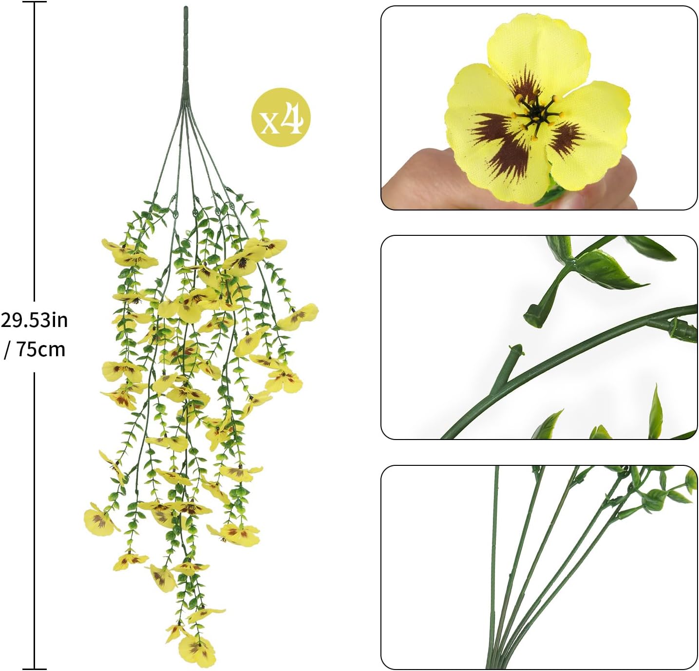 Yellow Artificial Hanging Flowers for Outdoors, 4 PCS 29.5in UV Resistant Faux Outdoor Hanging Plants Pansy Flowers Fake Cascading Floral Vines for Porch Patio Balcony Pergola