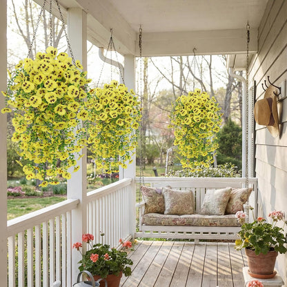 Yellow Artificial Hanging Flowers for Outdoors, 4 PCS 29.5in UV Resistant Faux Outdoor Hanging Plants Pansy Flowers Fake Cascading Floral Vines for Porch Patio Balcony Pergola