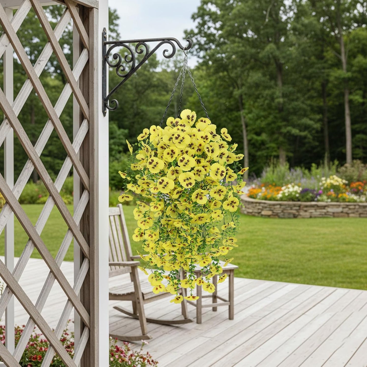Yellow Artificial Hanging Flowers for Outdoors, 4 PCS 29.5in UV Resistant Faux Outdoor Hanging Plants Pansy Flowers Fake Cascading Floral Vines for Porch Patio Balcony Pergola