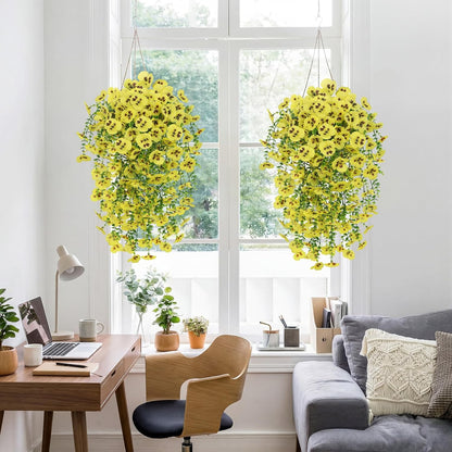 Yellow Artificial Hanging Flowers for Outdoors, 4 PCS 29.5in UV Resistant Faux Outdoor Hanging Plants Pansy Flowers Fake Cascading Floral Vines for Porch Patio Balcony Pergola