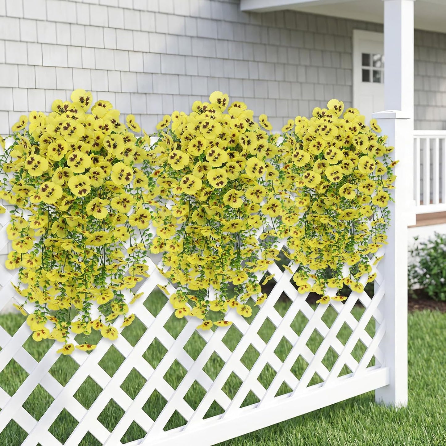 Yellow Artificial Hanging Flowers for Outdoors, 4 PCS 29.5in UV Resistant Faux Outdoor Hanging Plants Pansy Flowers Fake Cascading Floral Vines for Porch Patio Balcony Pergola