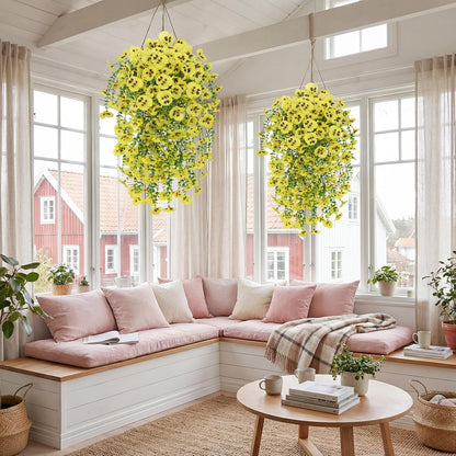 Yellow Artificial Hanging Flowers for Outdoors, 4 PCS 29.5in UV Resistant Faux Outdoor Hanging Plants Pansy Flowers Fake Cascading Floral Vines for Porch Patio Balcony Pergola